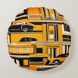 Retro Auto's Geometrisch Mosterd Mid Century Rond Kussen
