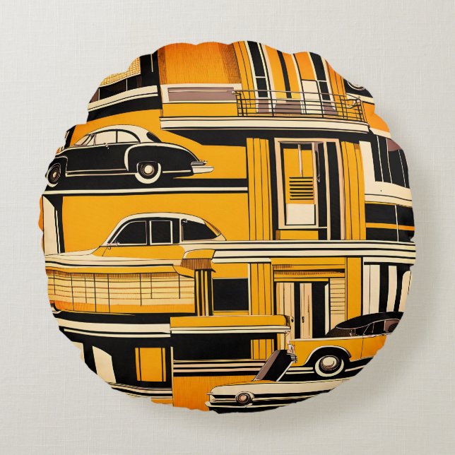 Retro Auto's Geometrisch Mosterd Mid Century  Rond Kussen (Voorkant)