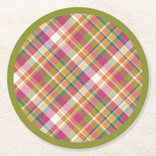 Retro  Autumn Plaid Tartan Squares Patroon Ronde Kartonnen Onderzetter (Voorkant)
