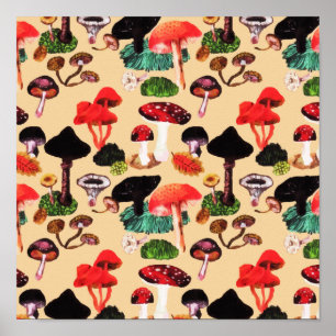 Retro Autumn Woodland Waterverf paddenstoel Poster