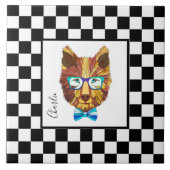 Retro B&W-checkerboard, beer met hipster, geperson Tegeltje (Voorkant)