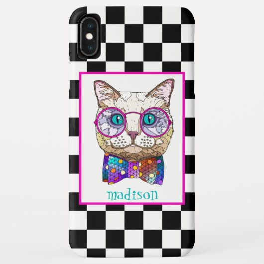 Retro B&W Checkerboard, Hipster Cat, Gepersonalise Case-Mate iPhone Case (Achterkant)