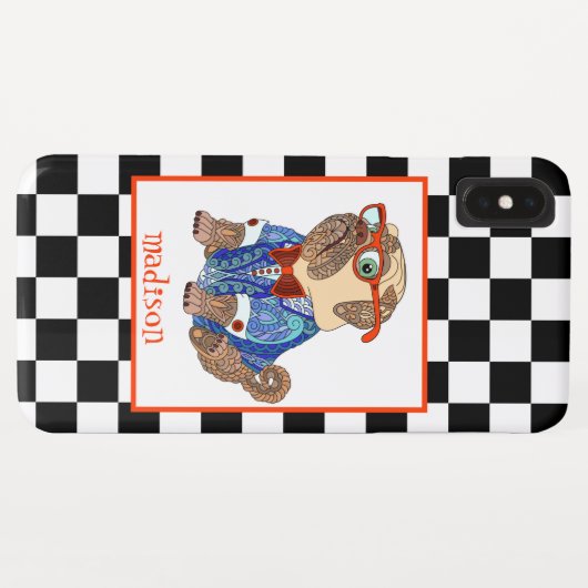 Retro B&W Checkerboard, Hipster Pug, Gepersonalise Case-Mate iPhone Case (Achterkant (horizontaal))
