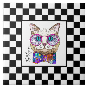 Retro B&W-checkerboard, hipsterkat, gepersonalisee Tegeltje