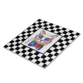 Retro B&W-checkerboard, hipsterkat, gepersonalisee Tegeltje (Zijkant)