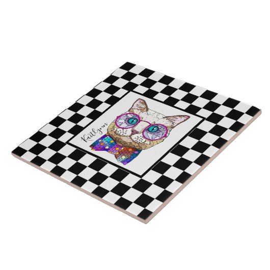 Retro B&W-checkerboard, hipsterkat, gepersonalisee Tegeltje (Zijkant)