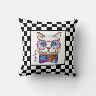 Retro B&W dambord met Hipster Cat & Name Kussen