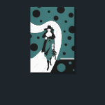Retro-baanmodel, Art Deco-Mode Canvas Afdruk<br><div class="desc">illustratie art deco ontwerp met een chique dame gekleed in een pet en jas en het dragen van een portemonnee. De vrouw loopt langs een zwevend pad. Zwarte stippen, cirkels of bubbels zweven rond. De achtergrond is duidelijk, zodat je elke gewenste kleur kunt toevoegen! Klik op de knop "Aanpassen"! De...</div>