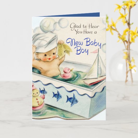retro baby boy add sentiment Card Kaart (Gele Bloem)