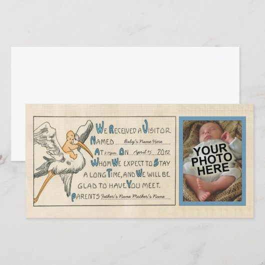 Retro Baby Boy & Stork Ouders Geboorteaankondiging Aankondiging (Voorkant / Achterkant)