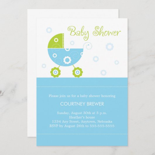 Retro Baby Buggy Baby shower Invitation Kaart (Voorkant / Achterkant)