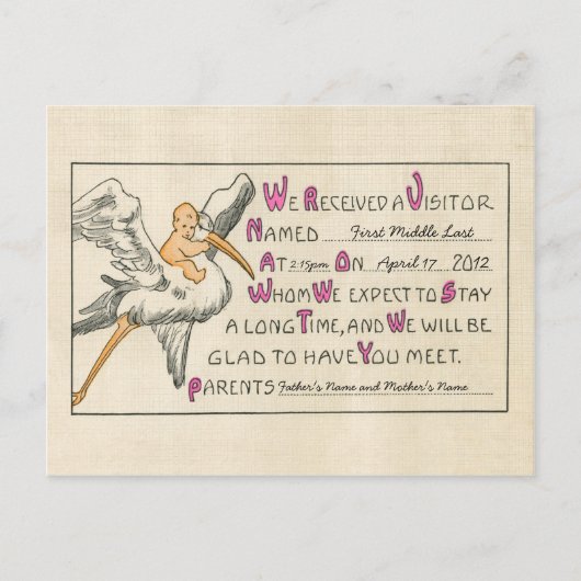 Retro Baby Girl & Stork Ouders Geboorteaankondigin Aankondigingskaart (Voorkant)