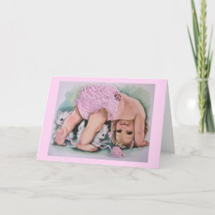 Retro Baby Meisje en Kittens Opmerking Kaart