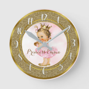 Retro Baby Meisje Roze & Goud Persoonlijke Kinderk Ronde Klok