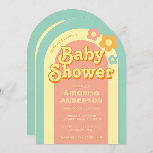 Retro Baby shower Groovy Arch Rainbow 70s Flowers Kaart (Voorkant / Achterkant)