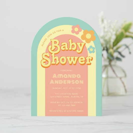 Retro Baby shower Groovy Arch Rainbow 70s Flowers Kaart (Staand voorkant)
