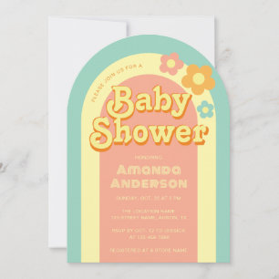 Retro Baby Shower Groovy Boog Uitnodiging Regenboo