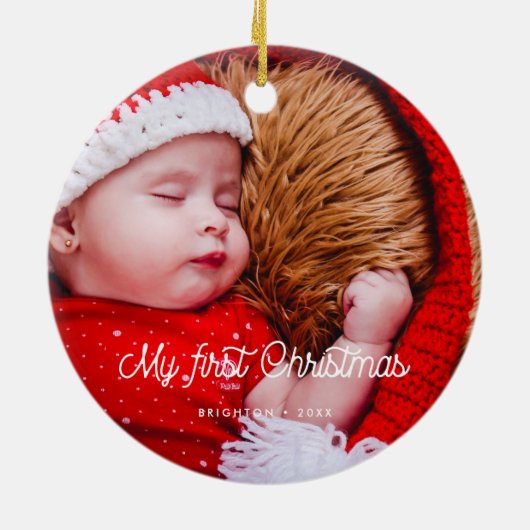 retro Baby's eerste kerstfoto Keramisch Ornament (Achterkant)