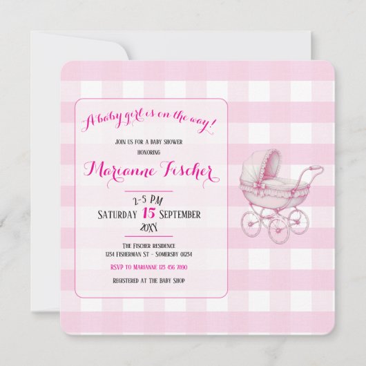 Retro babyshower uitnodiging voor meisje (Voorkant)