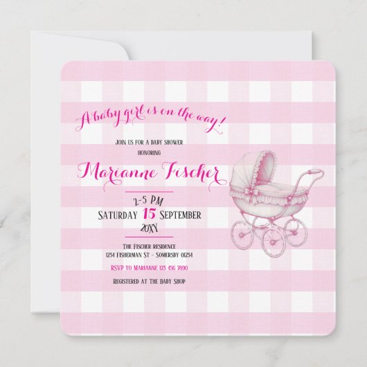 Retro babyshower uitnodiging voor meisje (Voorkant)