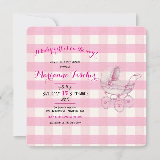 Retro babyshower uitnodiging voor meisje (Voorkant)