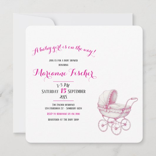 Retro babyshower uitnodiging voor meisje (Voorkant)
