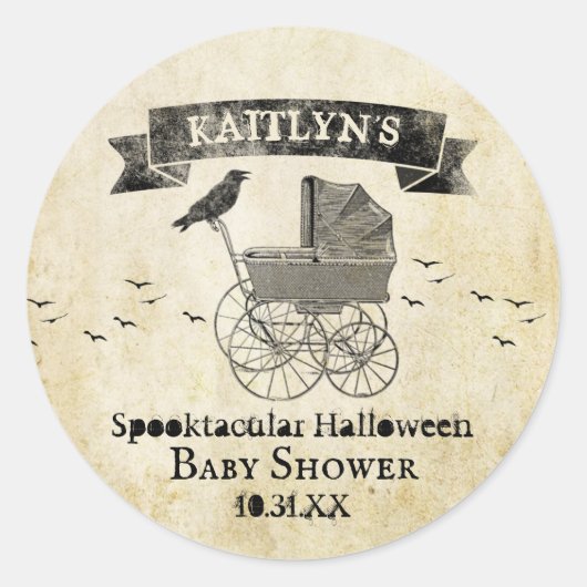 Retro Babywagen Halloween Baby Shower Ronde Sticker (Voorkant)