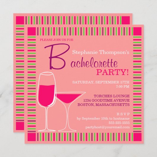 Retro Bachelorette Party Pink Cocktails Uitnodigin Kaart (Voorkant / Achterkant)