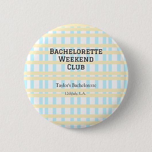 RETRO BACHELORETTE WEEKEND CLUB BLAUW GEEL DATUM RONDE BUTTON 5,7 CM (Voorkant)