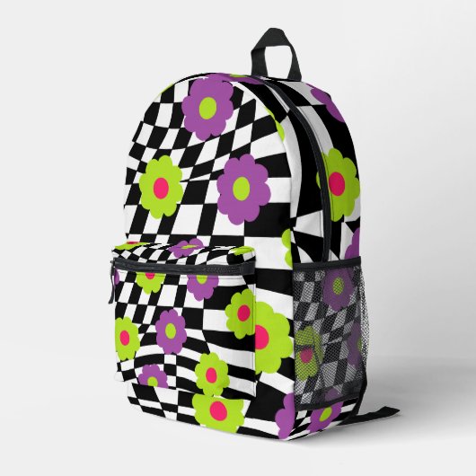 Retro Backpack with Checkers and Flowers Bedrukte Rugzak (Achterkant Hoek Rechts)