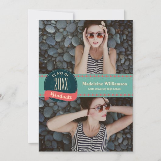 Retro Badge met Pijlen 2 Foto's Afstuderen Kaart (Voorkant)