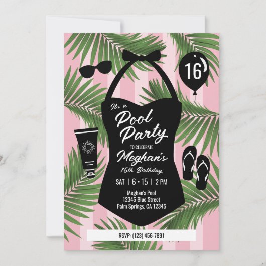 Retro Badpak Sweet 16 Zwembad Party Uitnodigen (Ro Kaart (Voorkant)