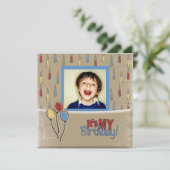 Retro ballonnen jongen foto verjaardag uitnodiging (Staand voorkant)