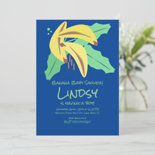 Retro Banana Blue Boy Baby shower Uitnodiging (Staand voorkant)