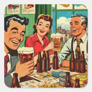 Retro Bar Bier Strips Vierkante Sticker