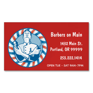 Retro Barber Badge op Red Magnetisch Visitekaartje