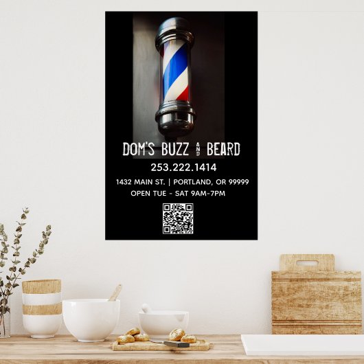 Retro Barber Pole & QR Code Business Poster (Keuken)
