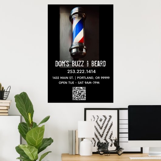 Retro Barber Pole & QR Code Business Poster (Thuiskantoor)