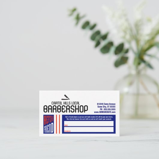 retro barbershop verwijs een vriend aanbevelingskaartje (Staand voorkant)