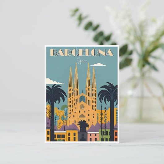  retro Barcelona Spanje Reizen Kunst Briefkaart (Staand voorkant)
