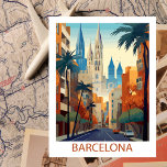 Retro Barcelona Vintage Reisillustratie Briefkaart<br><div class="desc">Ervaar de levendige energie van Barcelona via ons briefkaart. Verplaats jezelf naar het hart van Catalonië terwijl ons kunstwerk de iconische bezienswaardigheden van de stad, de bruisende straten en de kleurrijke architectuur vastlegt. Met een nostalgische knik naar het verleden nodigt dit briefkaart u uit om de betoverende mix van geschiedenis...</div>
