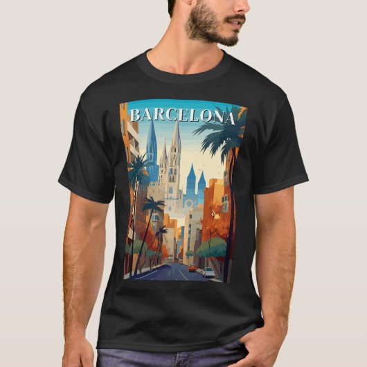 Retro Barcelona Vintage Travel Illustration T-shirt (Voorkant)