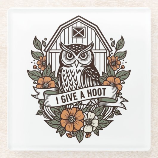 Retro barn owl 'I give a hoot' design Glazen Onderzetter (Voorkant)
