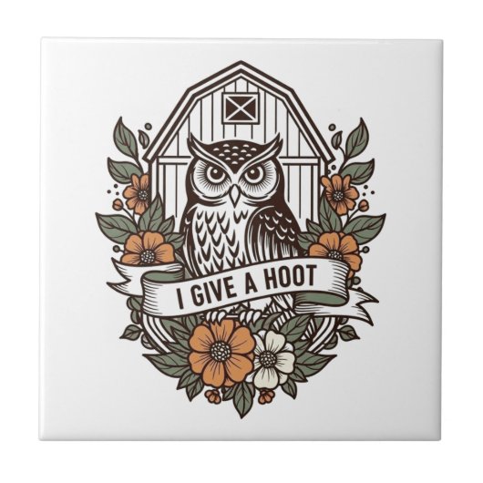 Retro barn owl 'I give a hoot' design Tegeltje (Voorkant)