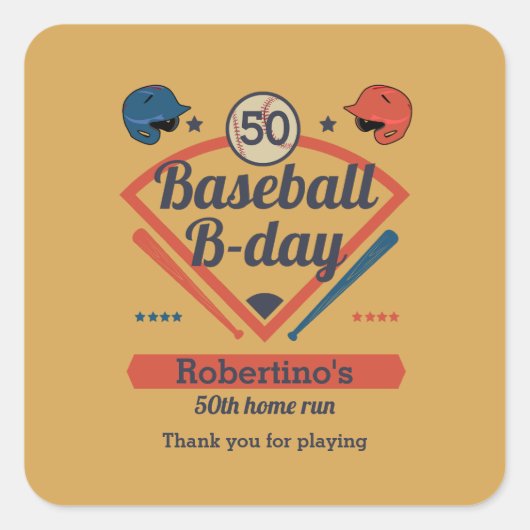 Retro Baseball B-Day Men's 50th Birthday Vierkante Sticker (Voorkant)