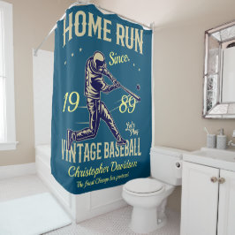  Retro Baseball Home Run Jouw naam Blauw Douchegordijn