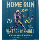  Retro Baseball Home Run Jouw naam Blauw Douchegordijn (Voorkant)