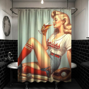 Retro Baseball Meisje Schilderen Douchegordijn