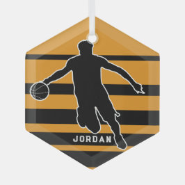 Retro-basketbalspeler oranje zwart op maat glas ornament