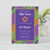 Retro Bat Mitswa Paarse en groene QR-code Kaart (Staand voorkant)